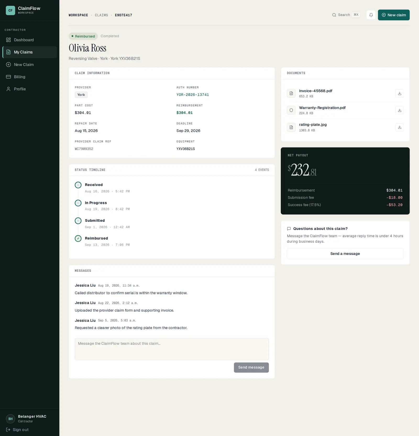 Claim detail with status timeline and documents