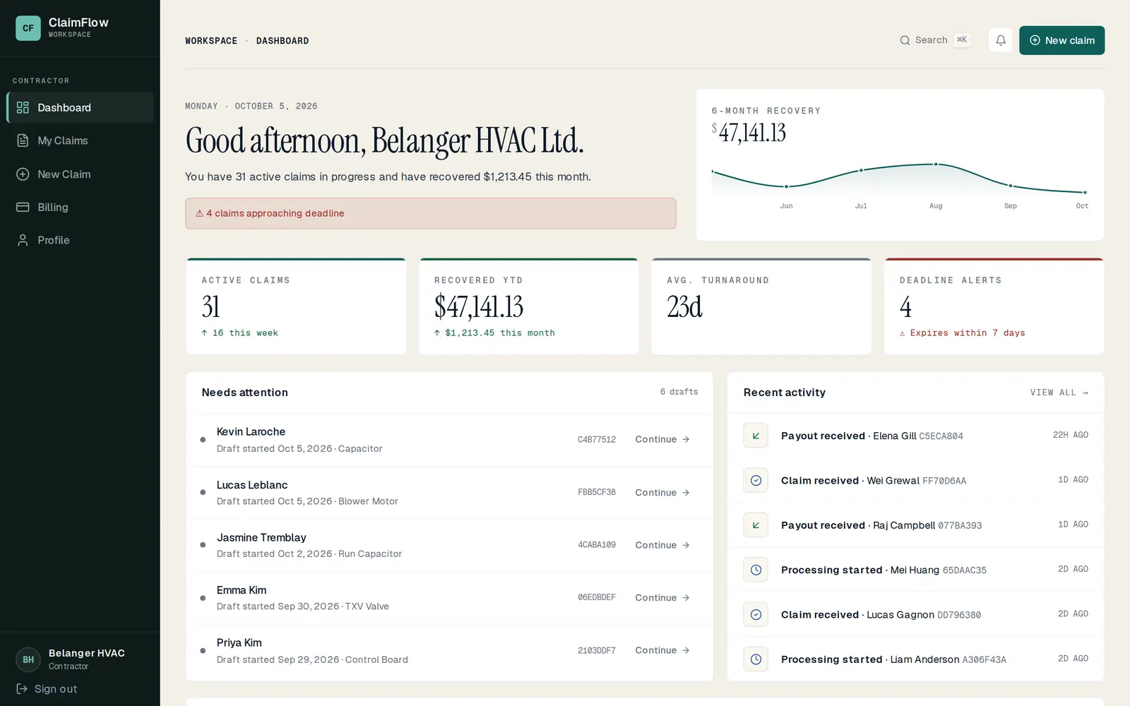 Contractor dashboard with recovery chart and claim stats