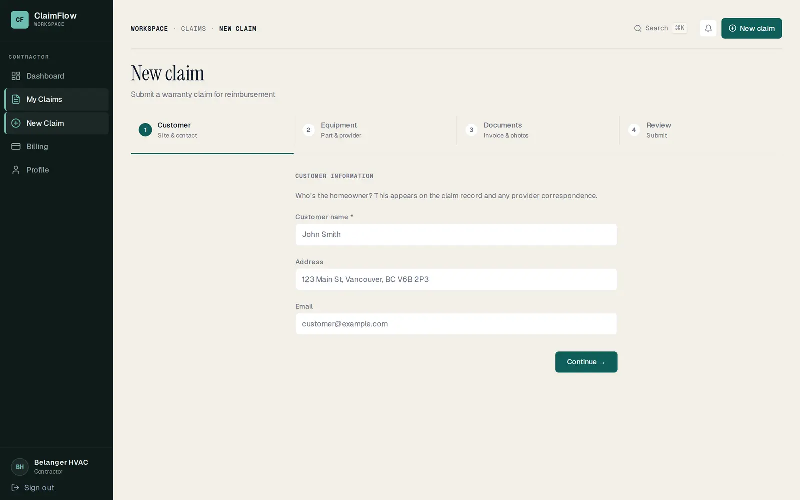 Multi-step new claim form