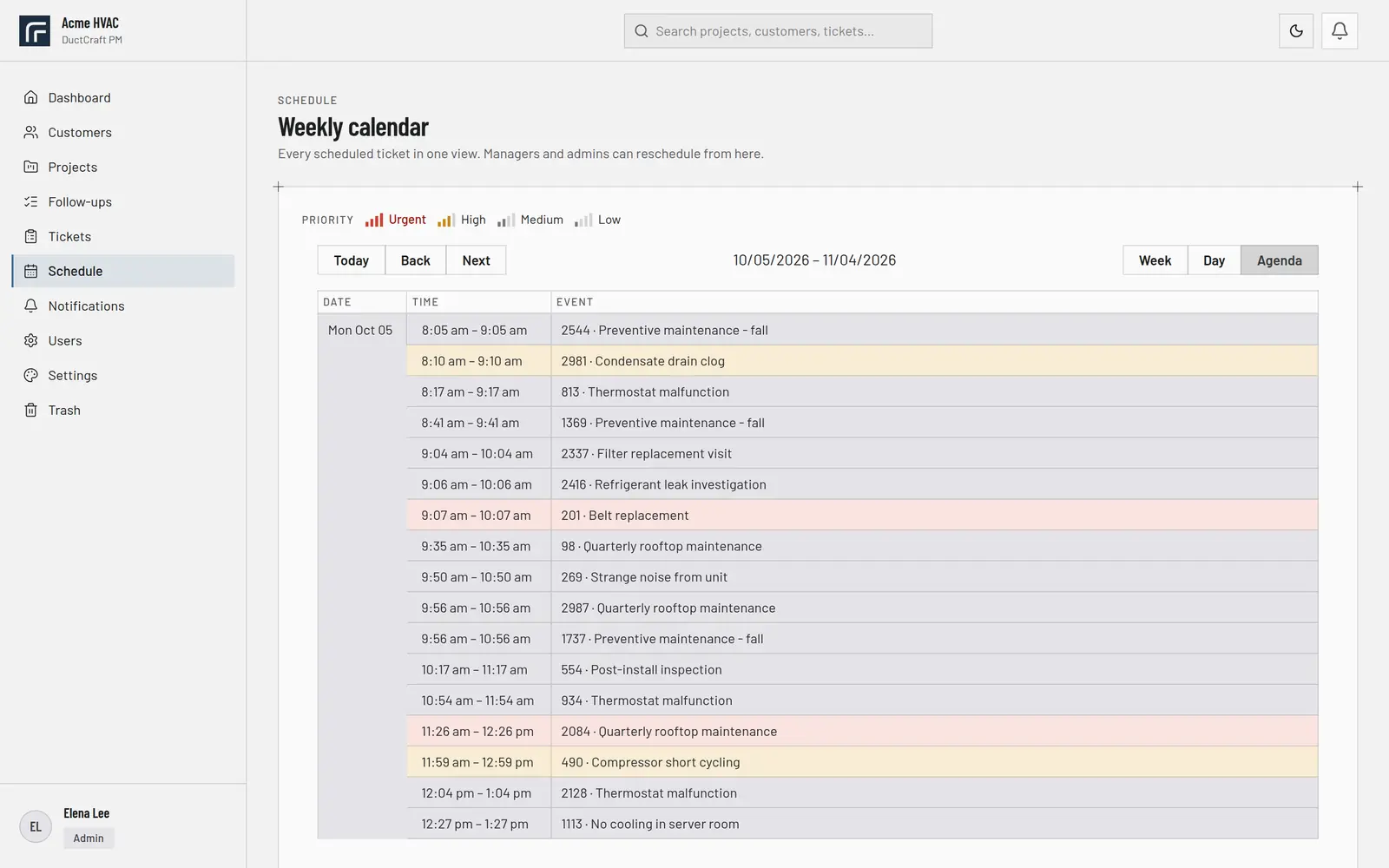 Agenda view of scheduled service tickets