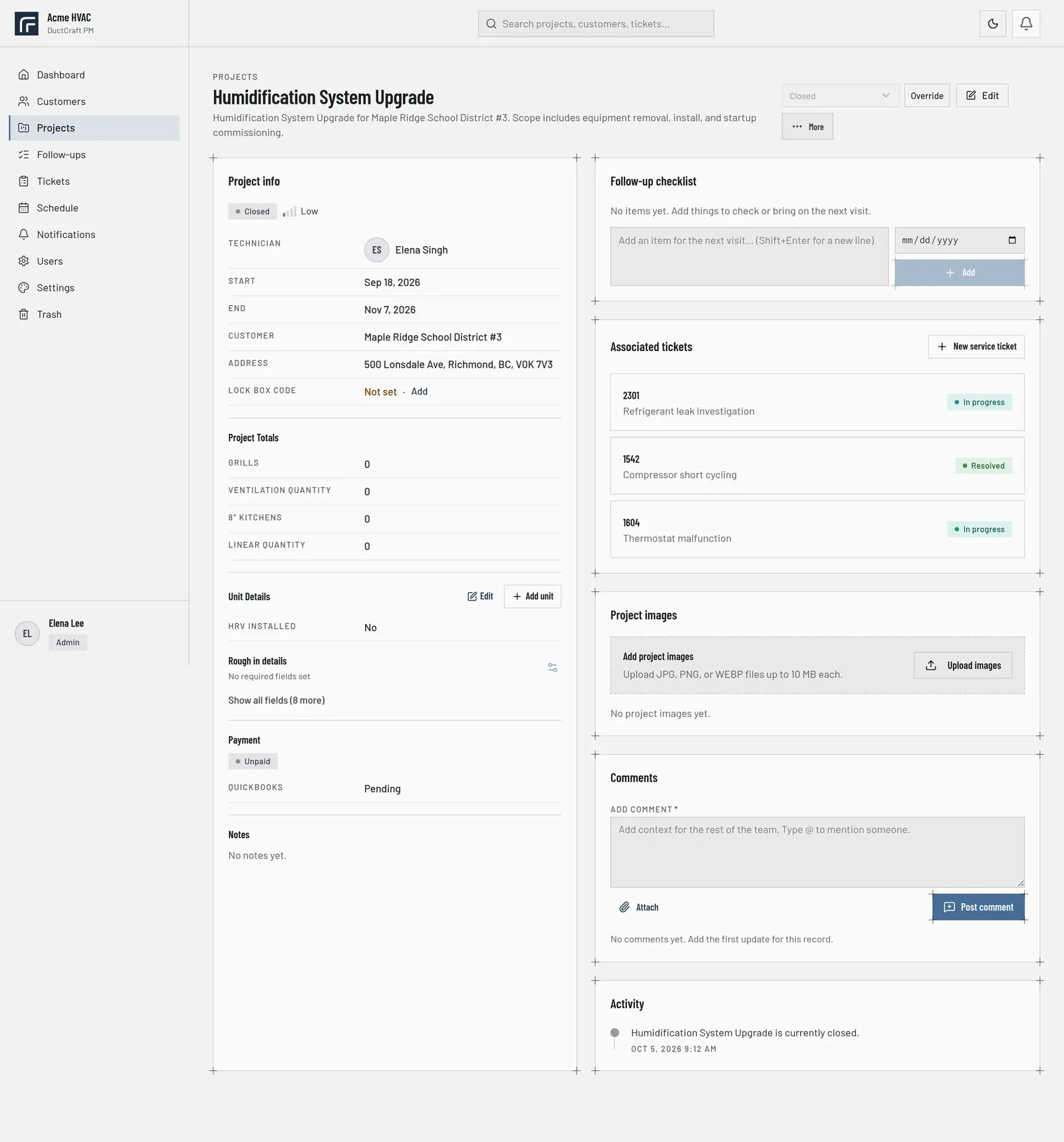 Project detail with linked tickets, comments and activity