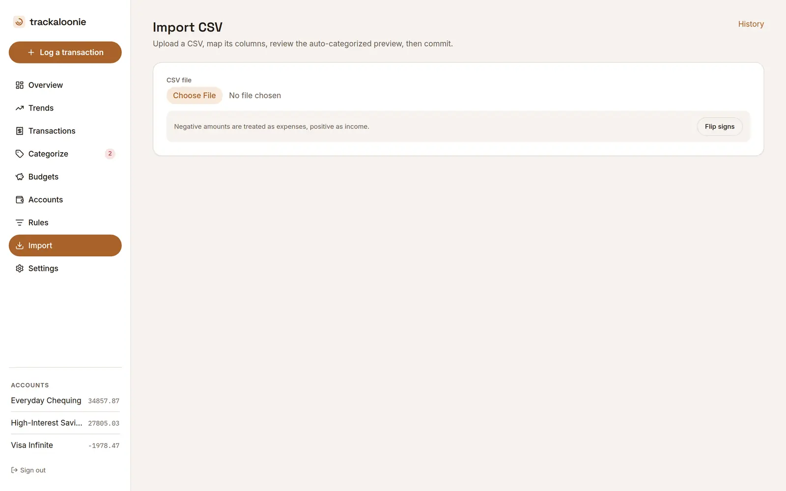 CSV import screen